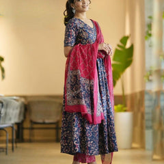 Elegant Navy Blue Floral Anarkali Kurta with Pink Dupatta – Festive Ethnic Wear