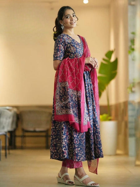 Elegant Navy Blue Floral Anarkali Kurta with Pink Dupatta – Festive Ethnic Wear