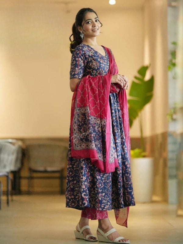 Elegant Navy Blue Floral Anarkali Kurta Set with Pink Dupatta