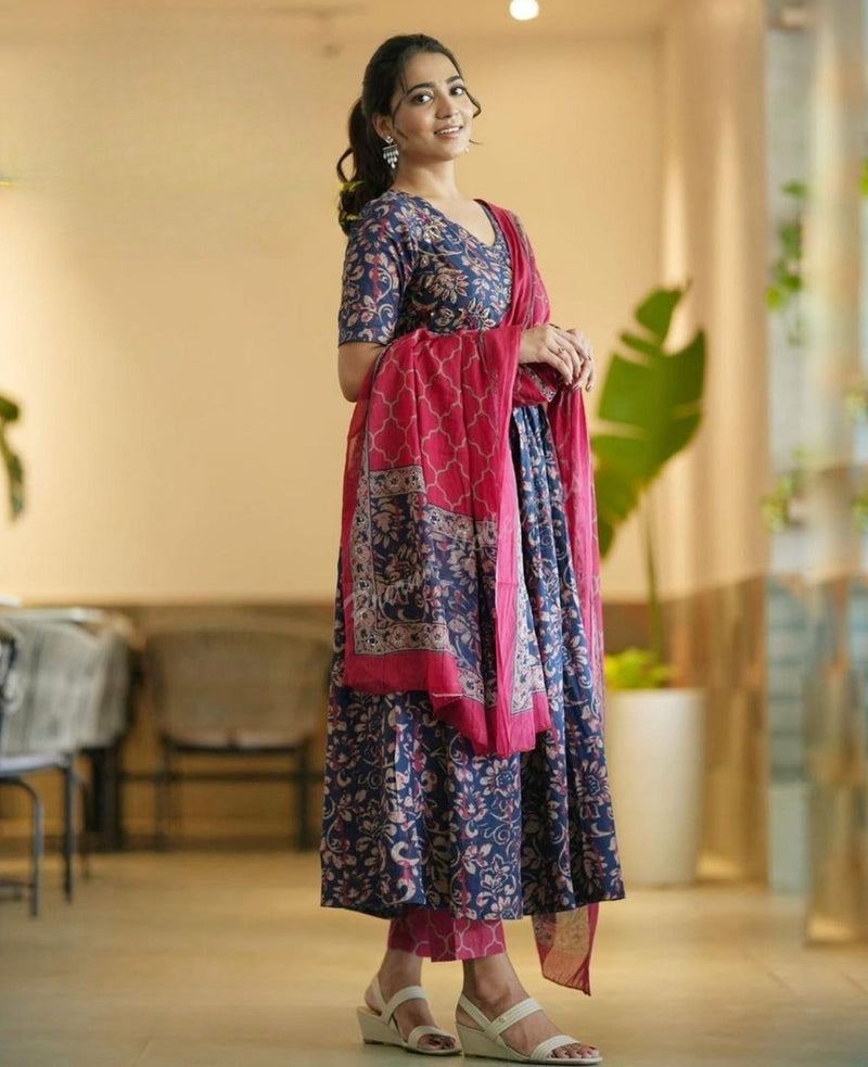Elegant Navy Blue Floral Anarkali Kurta with Pink Dupatta – Festive Ethnic Wear