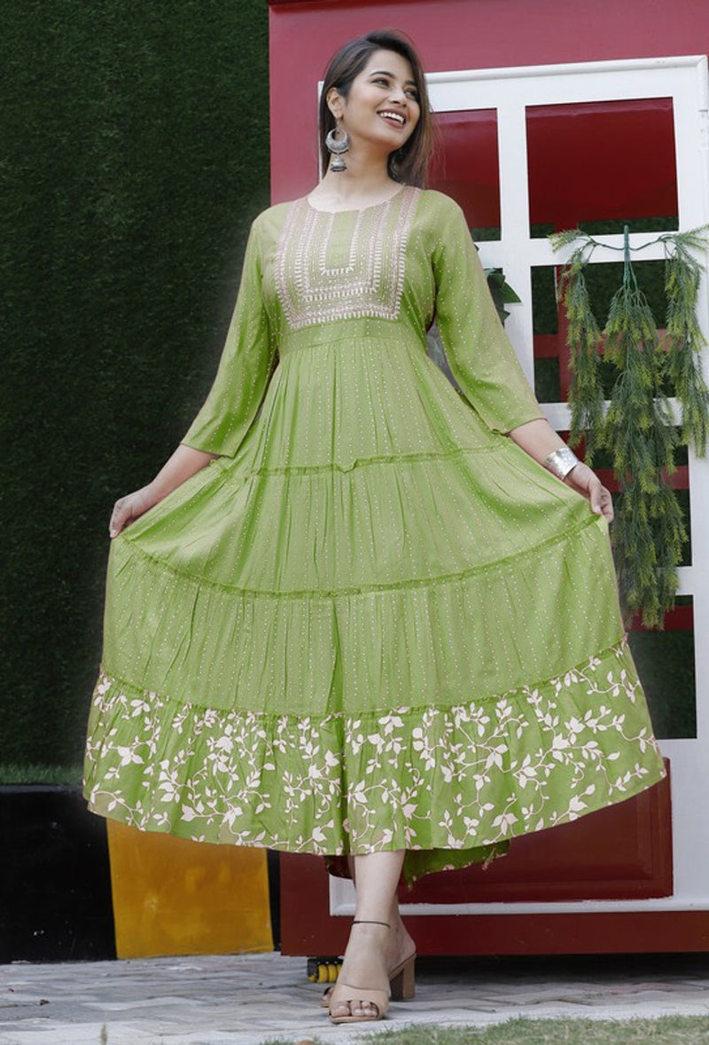 Embroidered Anarkali Kurta with Sequin Work & Flared Printed Hem