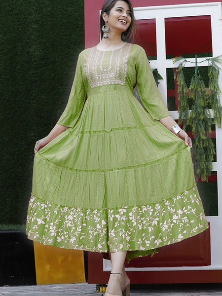 Embroidered Anarkali Kurta with Sequin Work & Flared Printed Hem