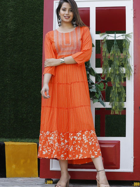Embroidered Anarkali Kurta with Sequin Work & Flared Printed Hem