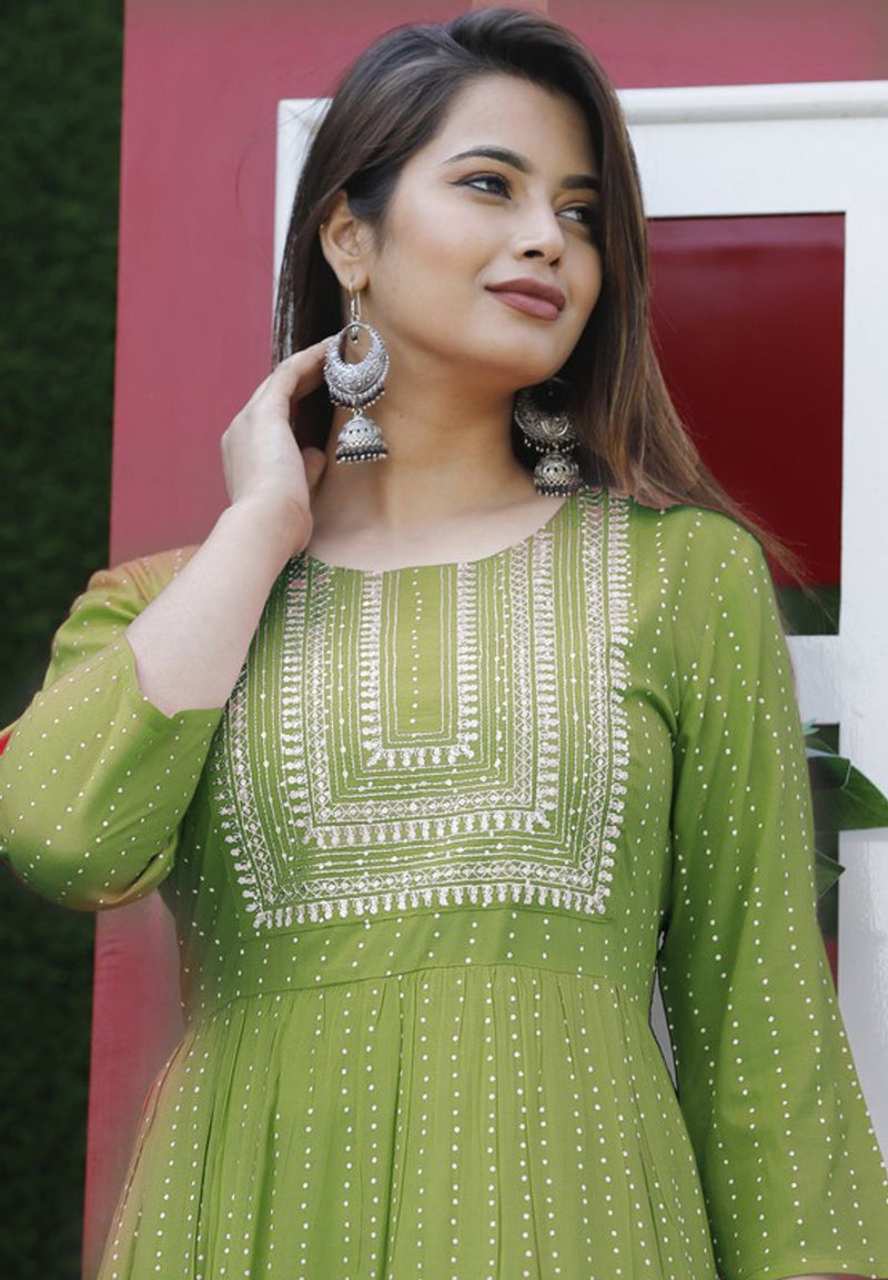 Embroidered Anarkali Kurta with Sequin Work & Flared Printed Hem