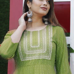 Embroidered Anarkali Kurta with Sequin Work & Flared Printed Hem