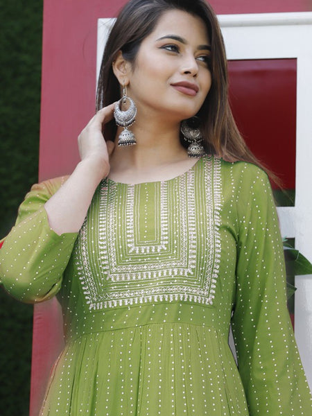 Embroidered Anarkali Kurta with Sequin Work & Flared Printed Hem