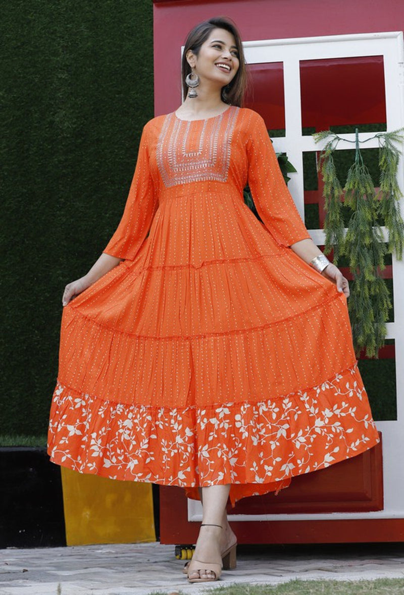 Embroidered Anarkali Kurta with Sequin Work & Flared Printed Hem