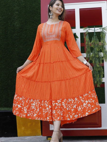 Embroidered Anarkali Kurta with Sequin Work & Flared Printed Hem