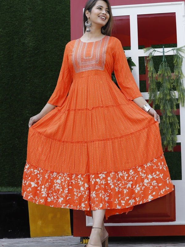 Embroidered Anarkali Kurta with Sequin Work & Flared Printed Hem