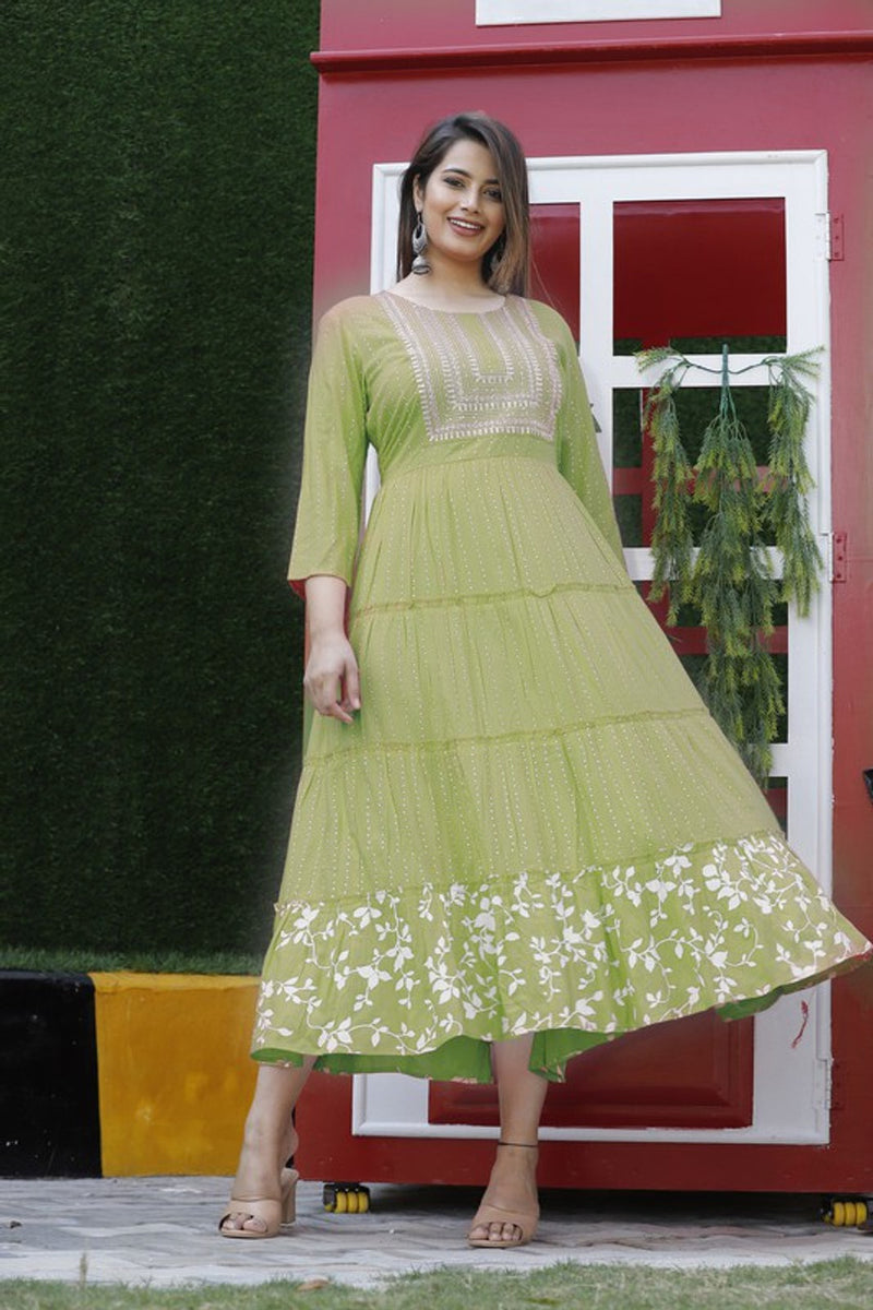 Embroidered Anarkali Kurta with Sequin Work & Flared Printed Hem