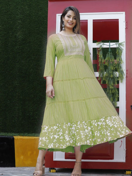 Embroidered Anarkali Kurta with Sequin Work & Flared Printed Hem