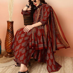 Women Printed Anarkali Kurta, Pant & Dupatta Set (Maroon) Printed Kurta, Palazzo & Dupatta Set