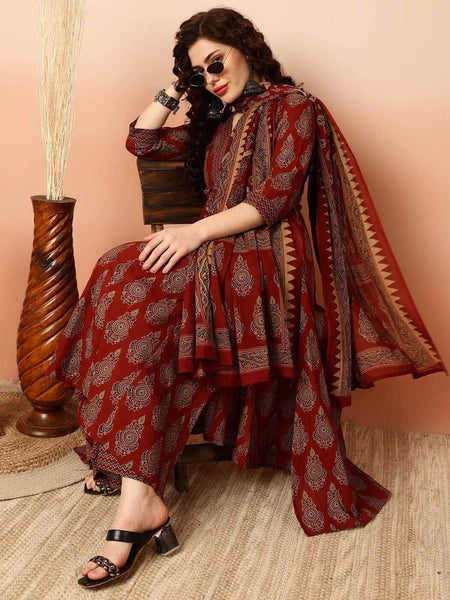 Women Printed Anarkali Kurta, Pant & Dupatta Set (Maroon) Printed Kurta, Palazzo & Dupatta Set