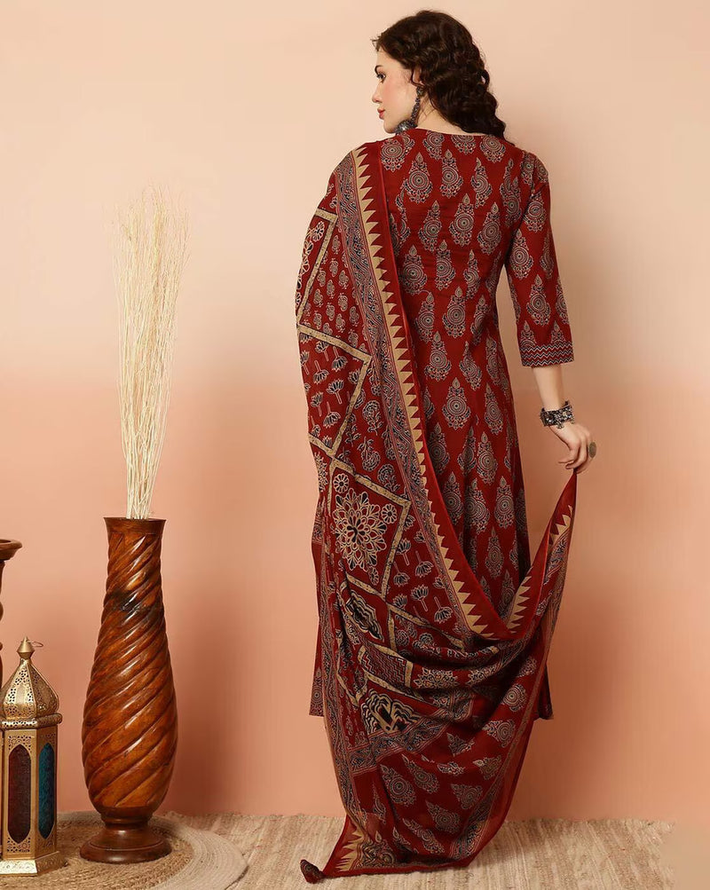 Women Printed Anarkali Kurta, Pant & Dupatta Set (Maroon) Printed Kurta, Palazzo & Dupatta Set