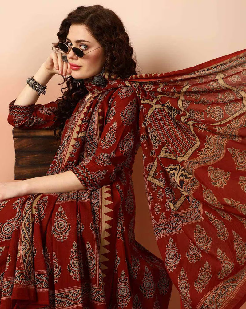 Women Printed Anarkali Kurta, Pant & Dupatta Set (Maroon) Printed Kurta, Palazzo & Dupatta Set