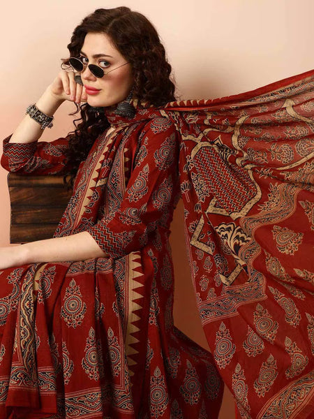 Women Printed Anarkali Kurta, Pant & Dupatta Set (Maroon) Printed Kurta, Palazzo & Dupatta Set