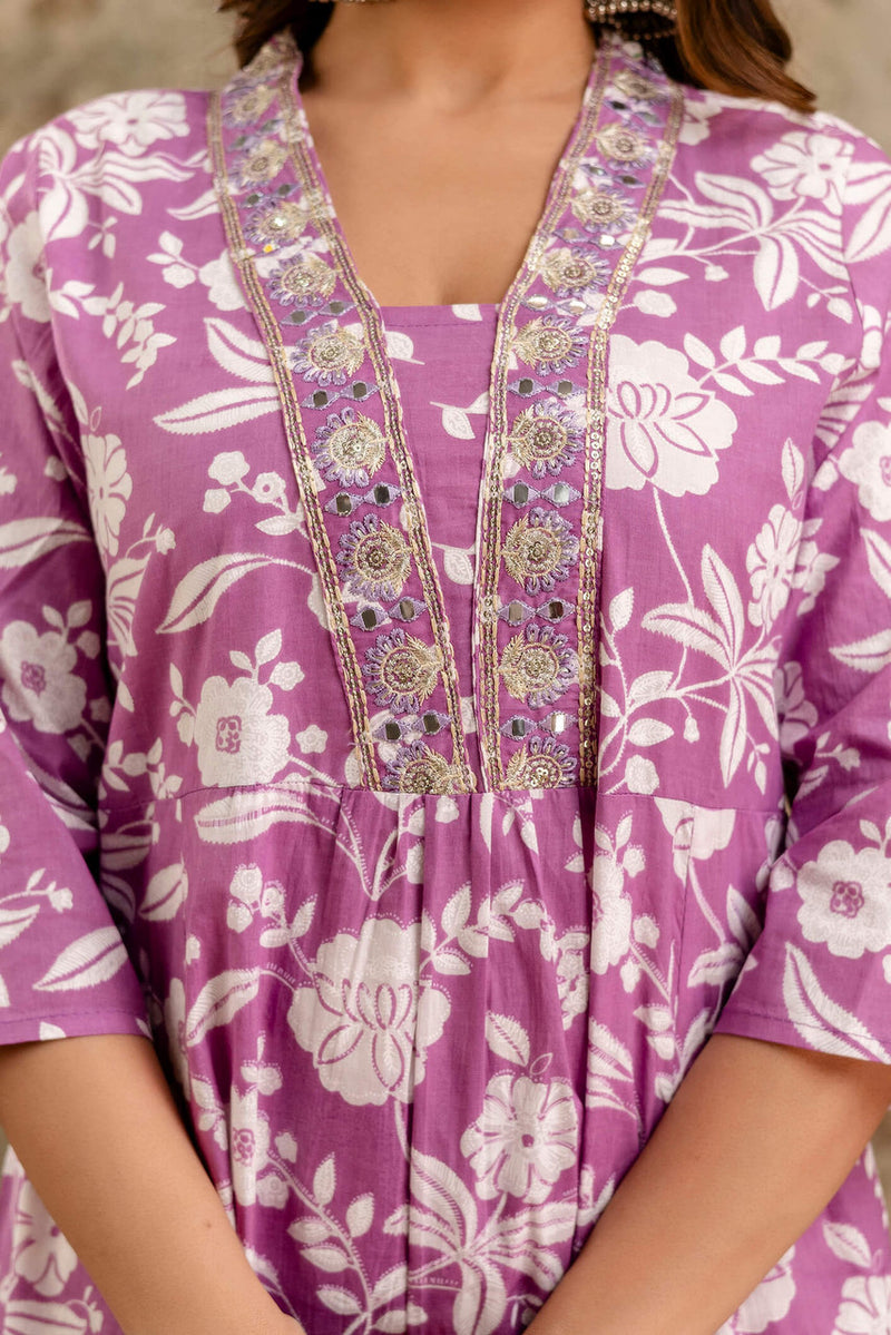 Women's cotton Anarkali Kurta with embroidery with pant and mulmul dupatta