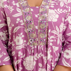 Women's cotton Anarkali Kurta with embroidery with pant and mulmul dupatta