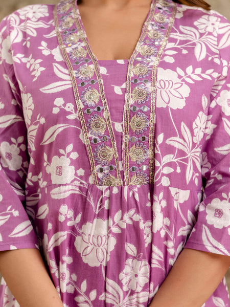 Women's cotton Anarkali Kurta with embroidery with pant and mulmul dupatta