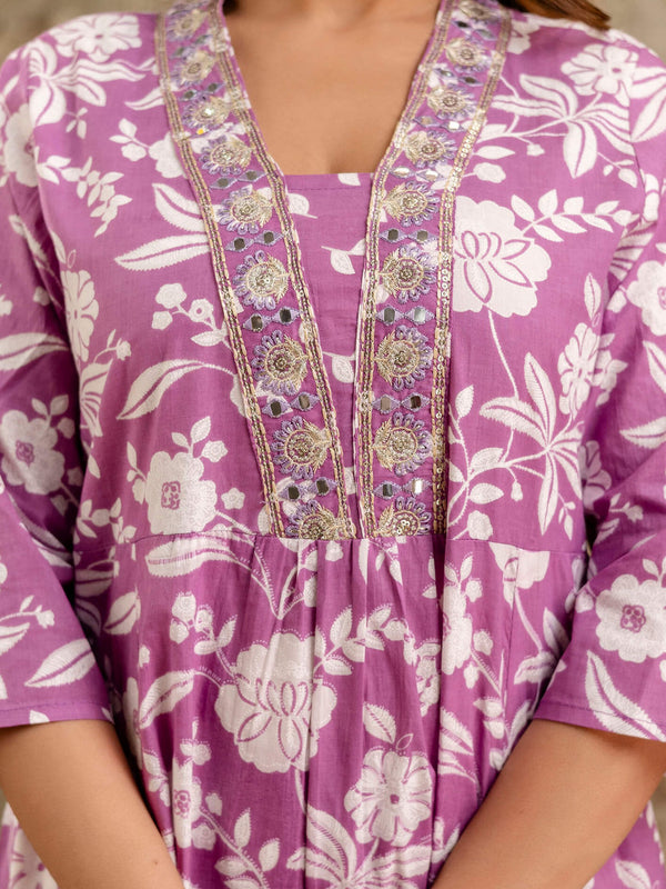 Women's cotton Anarkali Kurta with embroidery with pant and mulmul dupatta