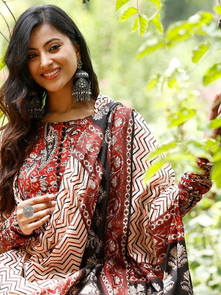 Women Printed Anarkali Kurta, Pant & Dupatta Set (Red)