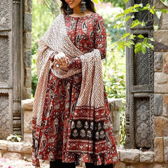 Women Printed Anarkali Kurta, Pant & Dupatta Set (Red)