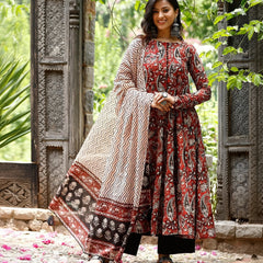 Women Printed Anarkali Kurta, Pant & Dupatta Set (Red)