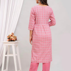 Embroidered Peach Bandhej Women Kurta Pyjama Set With Tie Dye Dupatta