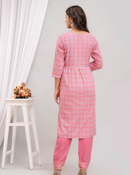 Embroidered Peach Bandhej Women Kurta Pyjama Set With Tie Dye Dupatta