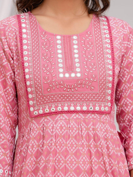 Embroidered Peach Bandhej Women Kurta Pyjama Set With Tie Dye Dupatta
