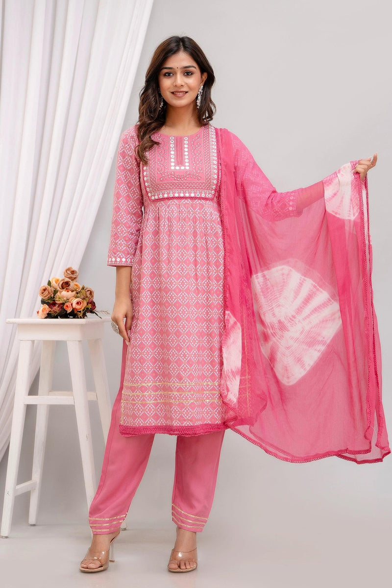 Embroidered Peach Bandhej Women Kurta Pyjama Set With Tie Dye Dupatta