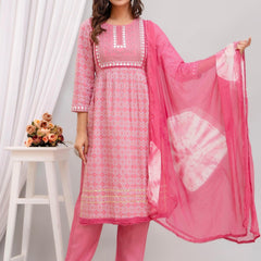 Embroidered Peach Bandhej Women Kurta Pyjama Set With Tie Dye Dupatta