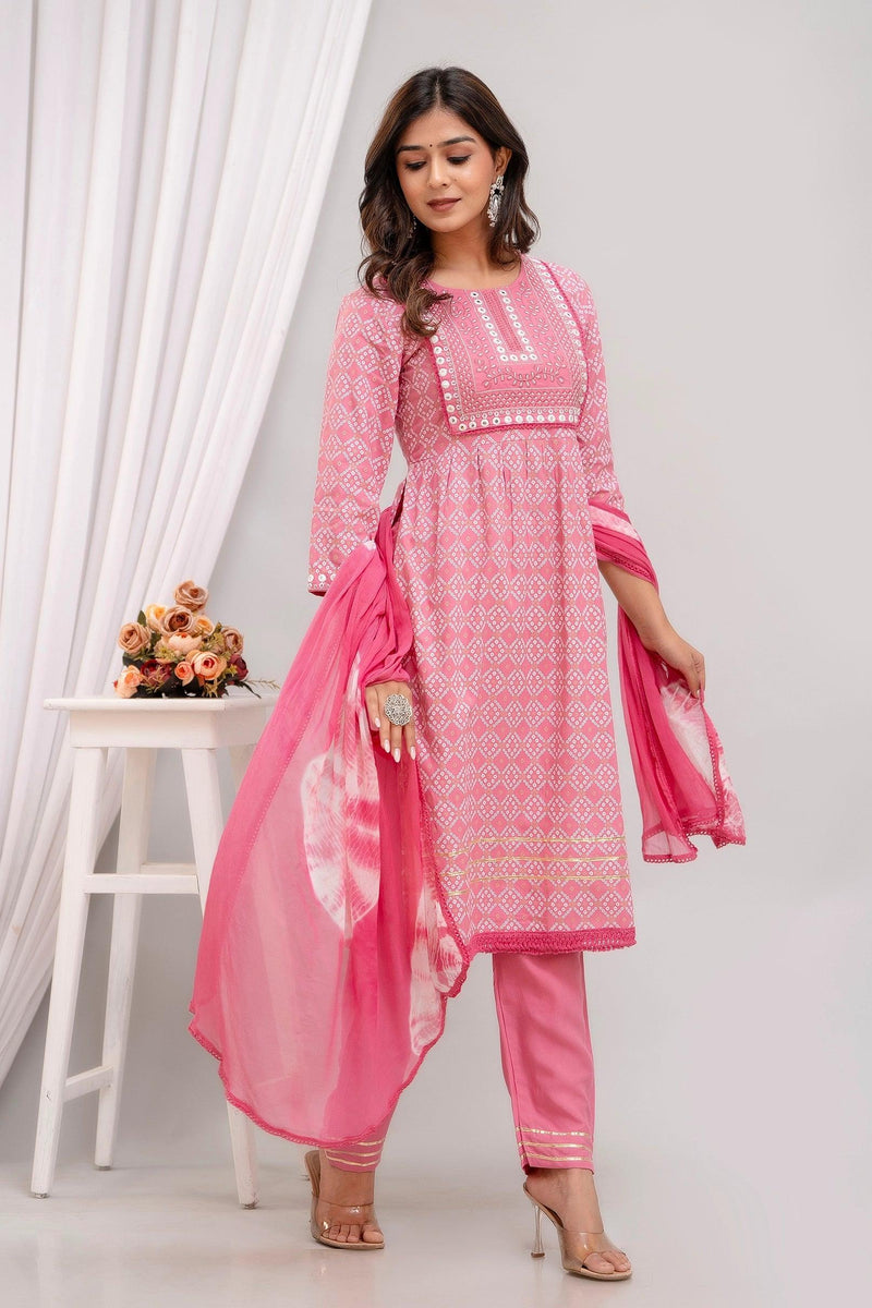 Embroidered Peach Bandhej Womens Kurta Pyjama Set With Tie Dye Dupatta