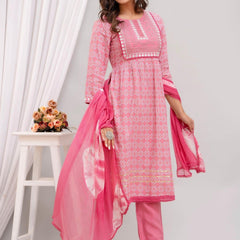 Embroidered Peach Bandhej Womens Kurta Pyjama Set With Tie Dye Dupatta