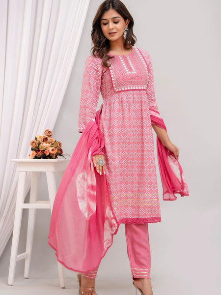 Embroidered Peach Bandhej Womens Kurta Pyjama Set With Tie Dye Dupatta