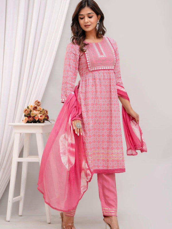 Embroidered Peach Bandhej Womens Kurta Pyjama Set With Tie Dye Dupatta