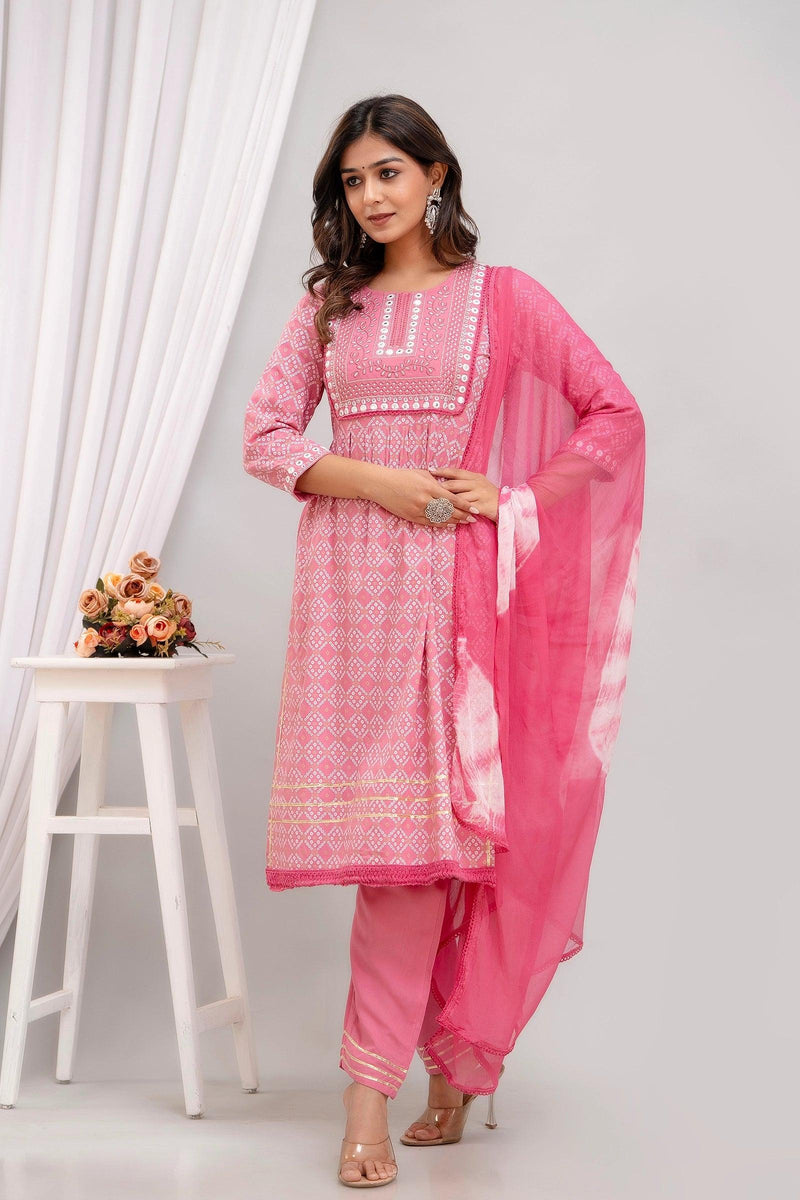 Embroidered Peach Bandhej Women Kurta Pyjama Set With Tie Dye Dupatta