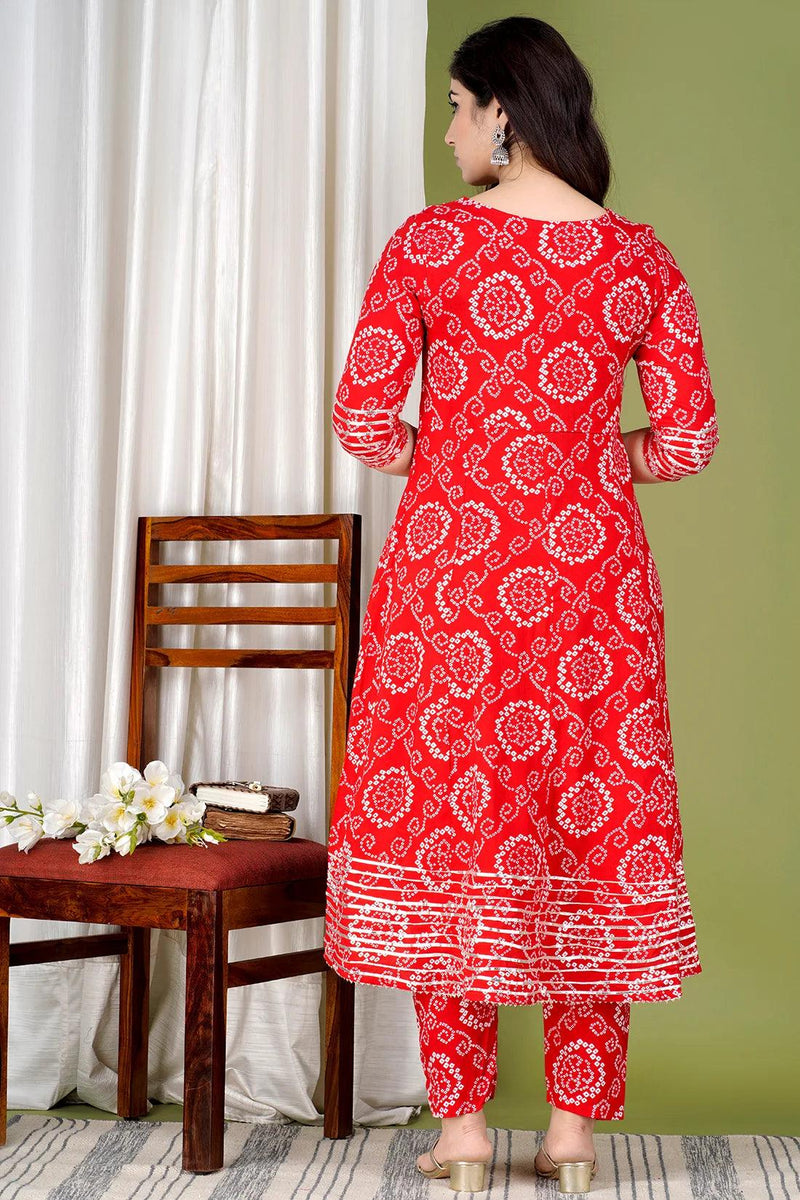Red Bandhej Embroidered Cotton Flared Women Kurta Pyjama Dupatta Set