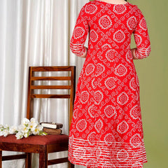 Red Bandhej Embroidered Cotton Flared Women Kurta Pyjama Dupatta Set