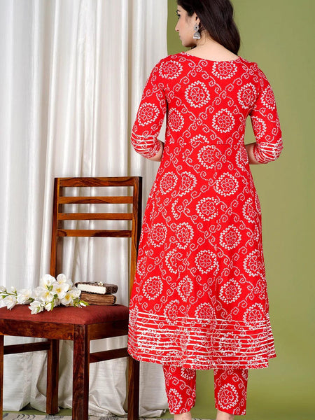 Red Bandhej Embroidered Cotton Flared Women Kurta Pyjama Dupatta Set