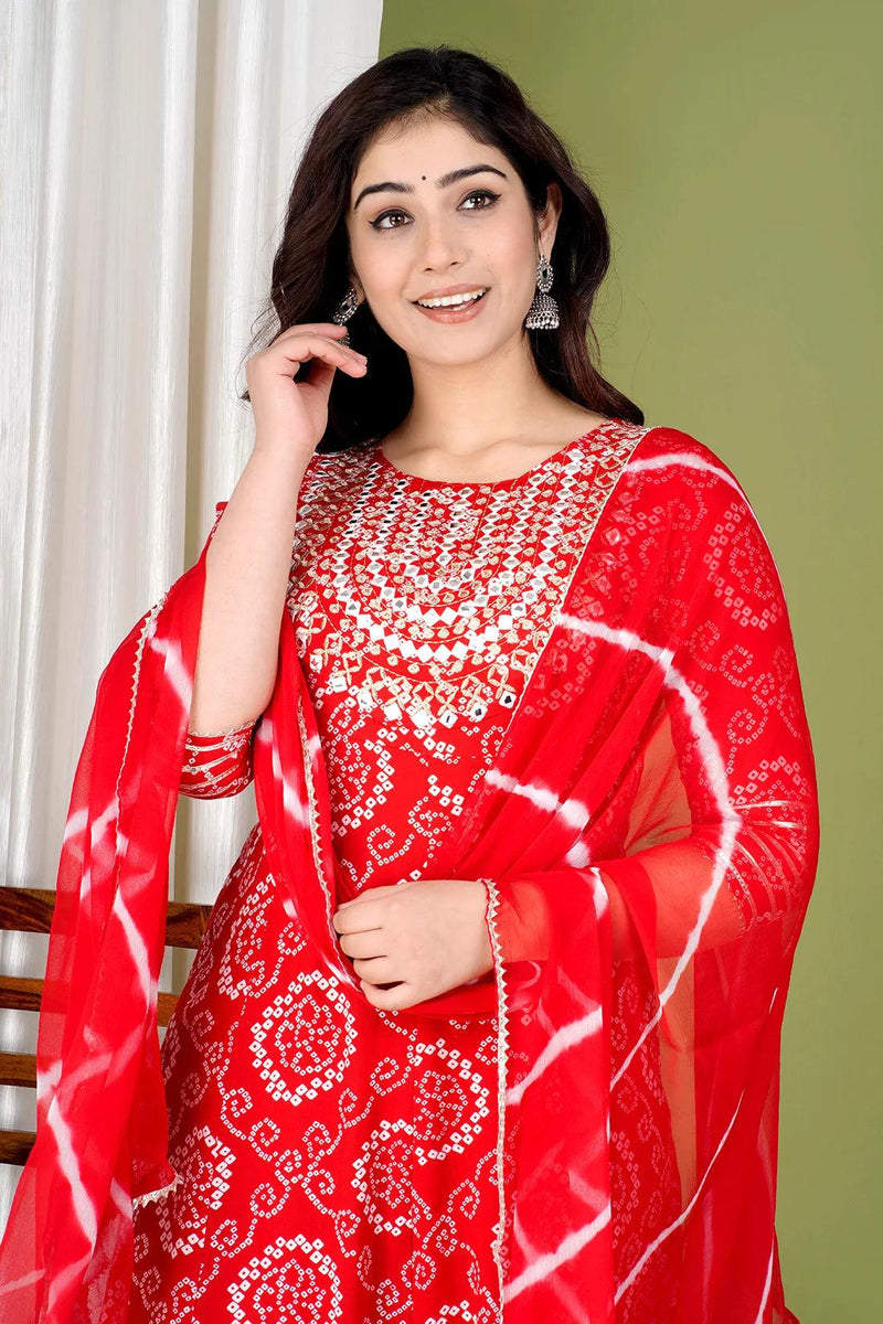 Red Bandhej Embroidered Cotton Flared Women Kurta Pyjama Dupatta Set