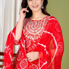 Red Bandhej Embroidered Cotton Flared Women Kurta Pyjama Dupatta Set