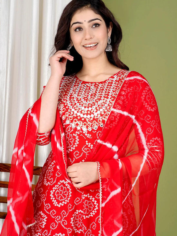 Red Bandhej Embroidered Cotton Flared Women Kurta Pyjama Dupatta Set