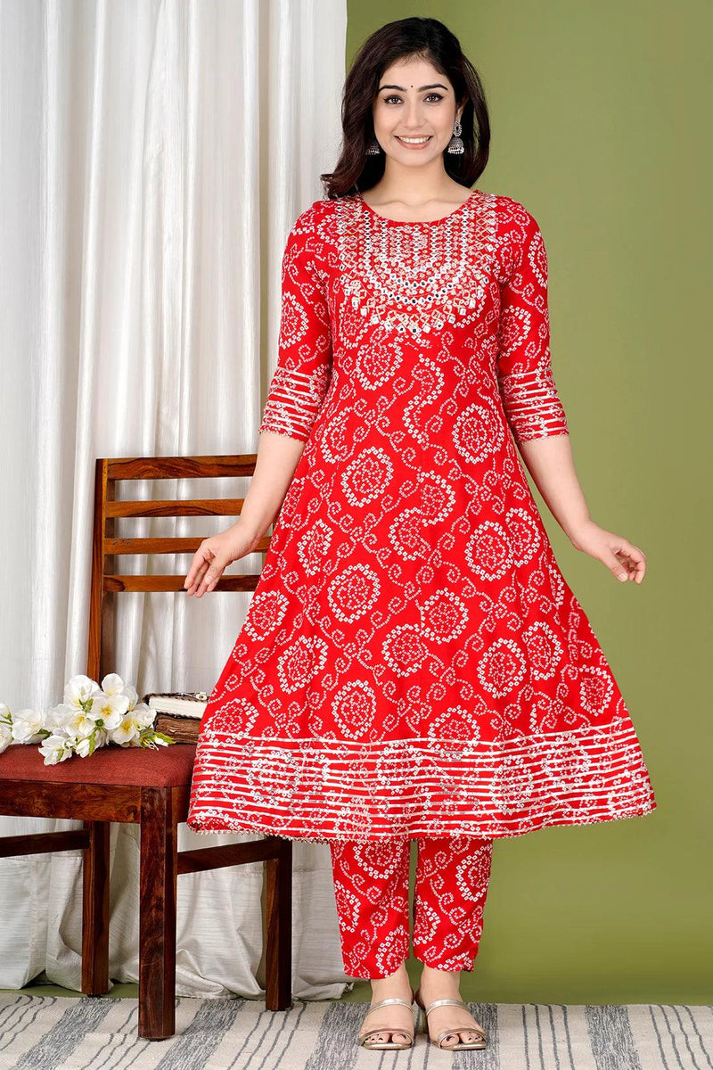 Red Bandhej Embroidered Cotton Flared Women Kurta Pyjama Dupatta Set