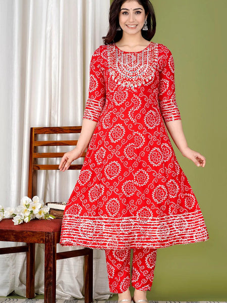 Red Bandhej Embroidered Cotton Flared Women Kurta Pyjama Dupatta Set