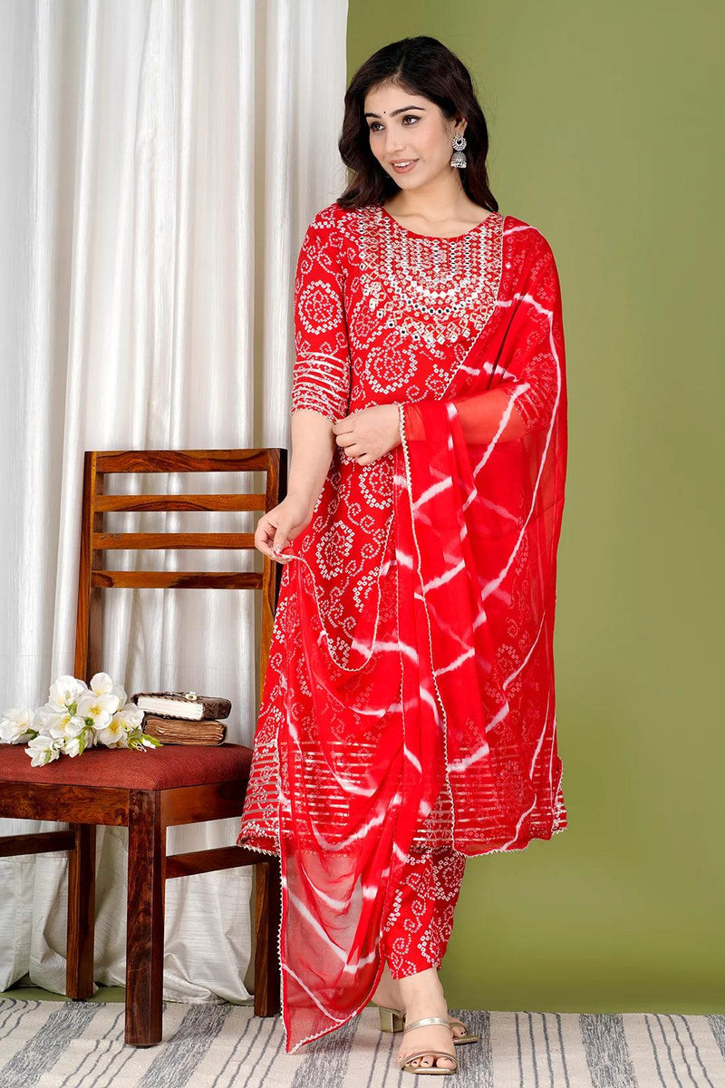 Red Bandhej Embroidered Cotton Flared Women Kurta Pyjama Dupatta Set