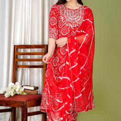 Red Bandhej Embroidered Cotton Flared Women Kurta Pyjama Dupatta Set
