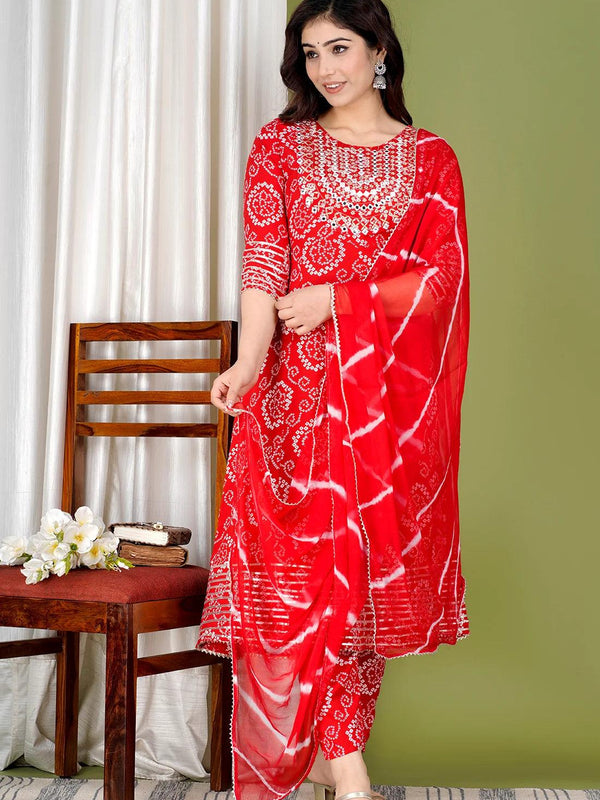 Red Bandhej Embroidered Cotton Flared Women Kurta Pyjama Dupatta Set