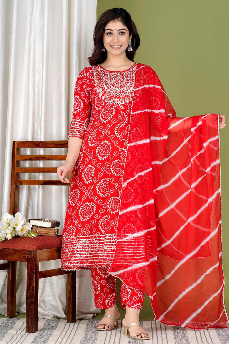 Red Bandhej Embroidered Cotton Flared Women Kurta Pyjama Dupatta Set