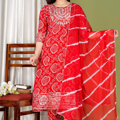 Red Bandhej Embroidered Cotton Flared Women Kurta Pyjama Dupatta Set